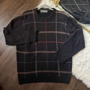 Oscar de la Renta mens sweater plaid striped grey grey large cotton fall winter